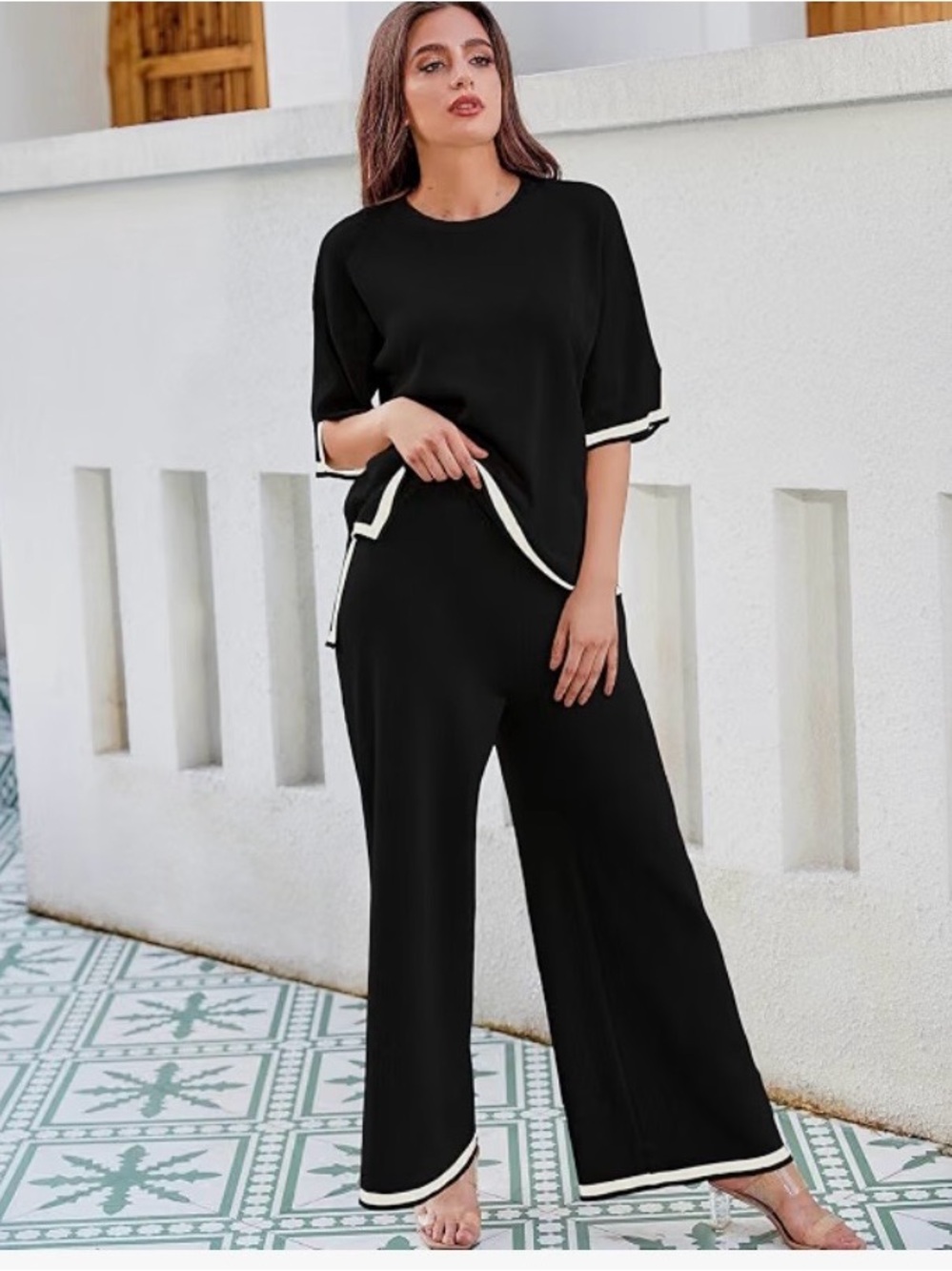 Amazon Black w/White Border Contrast Relaxed Fit Lounge Set Size Large never wor